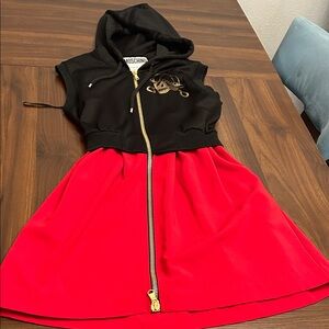 Moschino Black and Red Hooded Dress with Gold Zipper